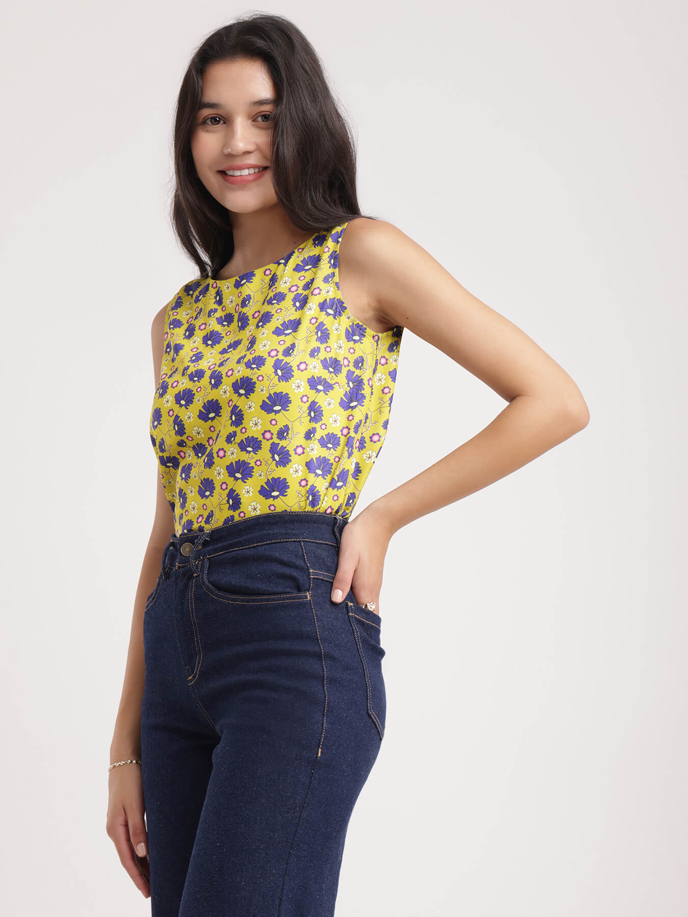 Boat Neck Floral Top - Acid Green