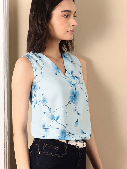 V Neck Floral Top - Blue