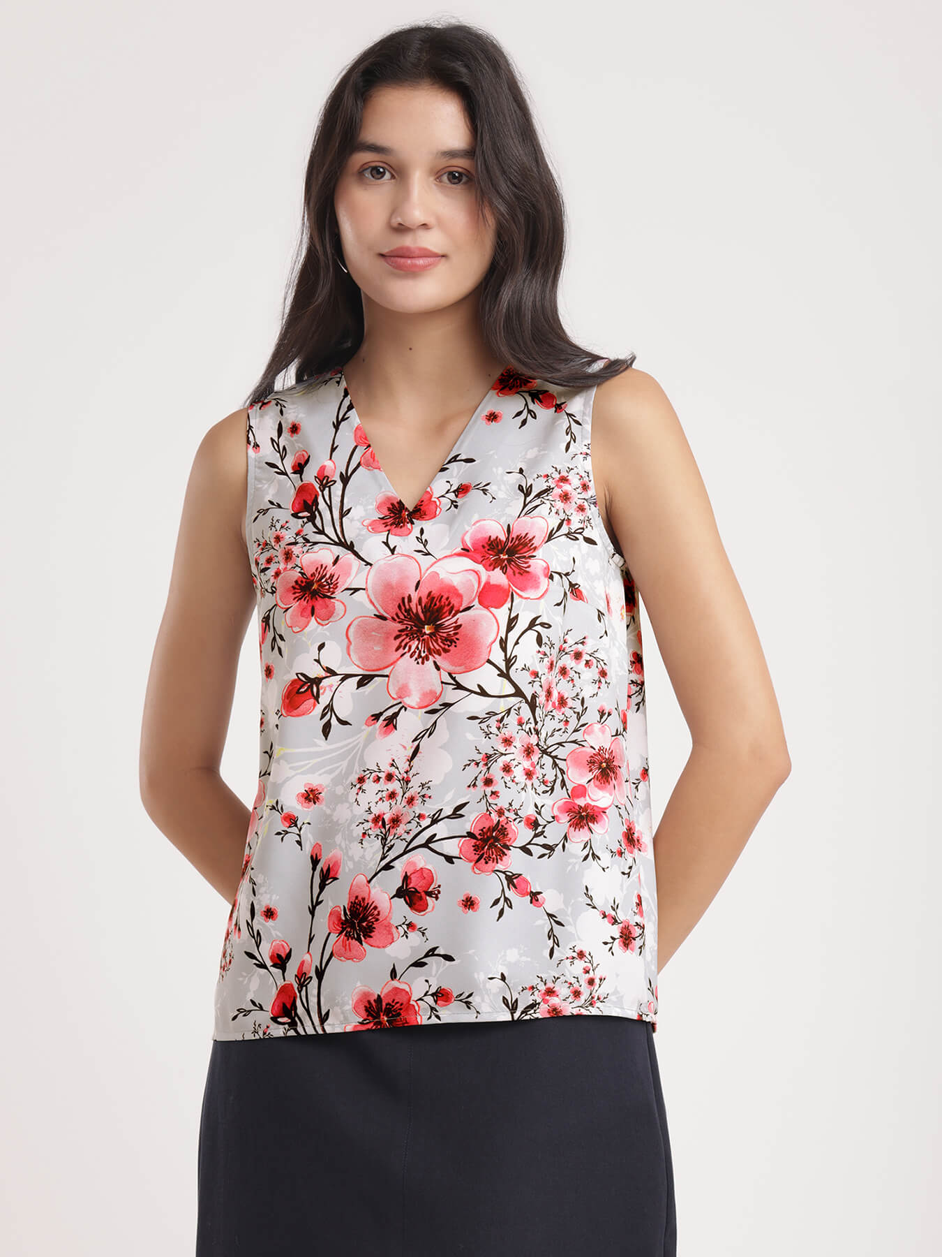 V Neck Floral Top - Grey