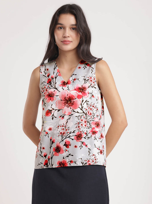 V Neck Floral Top - Grey