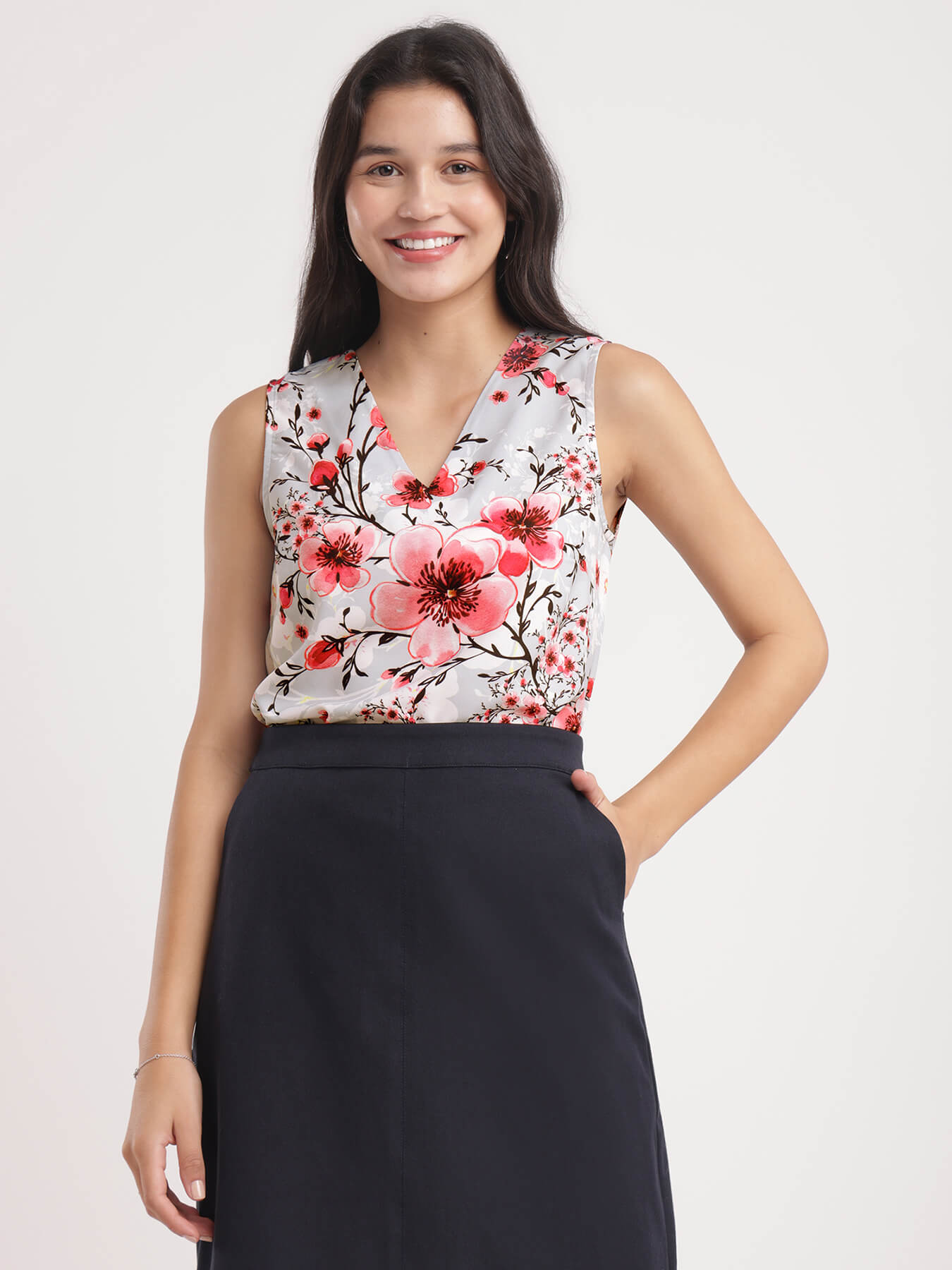 V Neck Floral Top - Grey