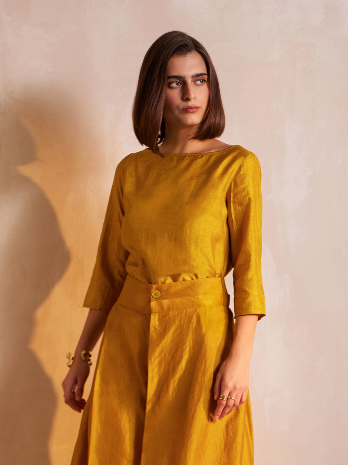 Silk Boat Neck Top - Mustard