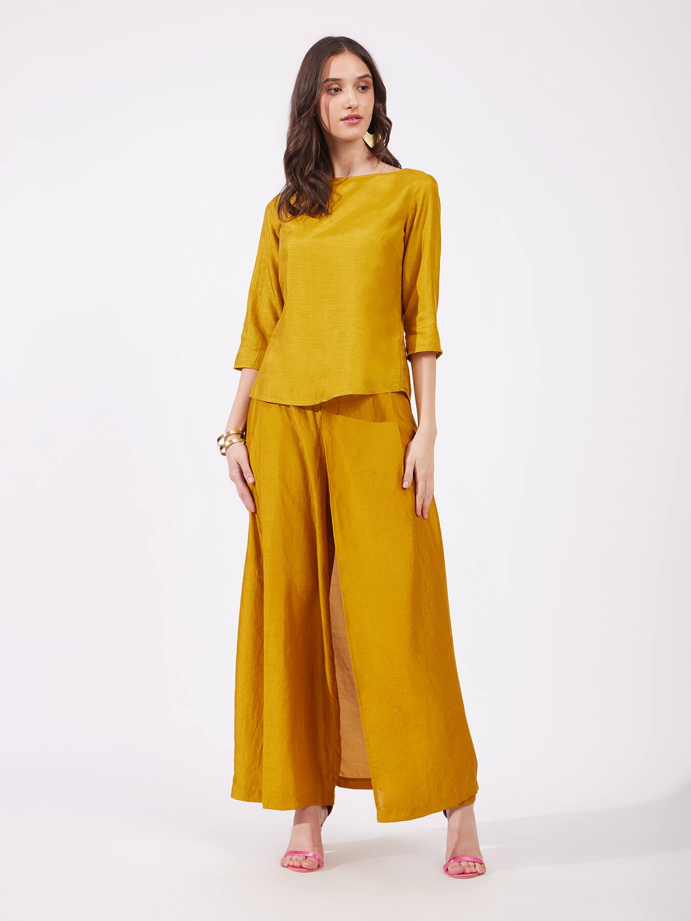 Silk Boat Neck Top - Mustard