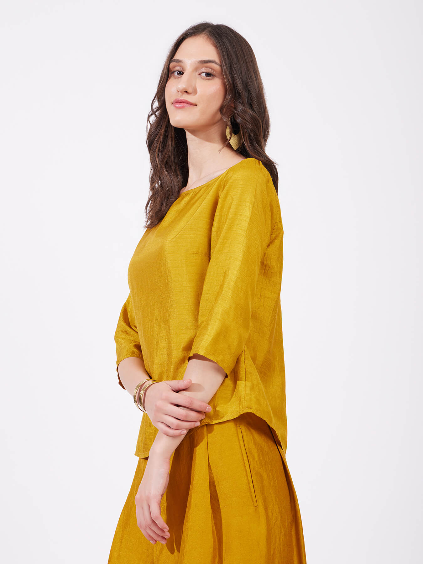 Silk Boat Neck Top - Mustard