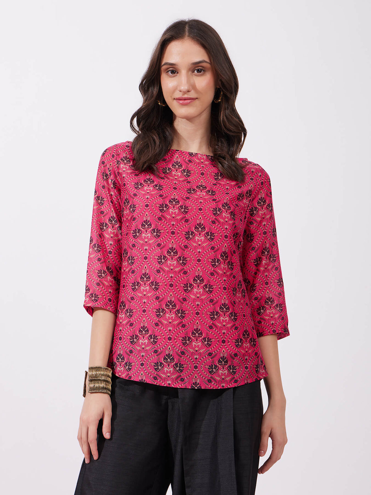 Chanderi Festive Print Top - Pink And Multicolour