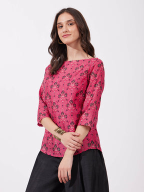 Chanderi Festive Print Top - Pink And Multicolour