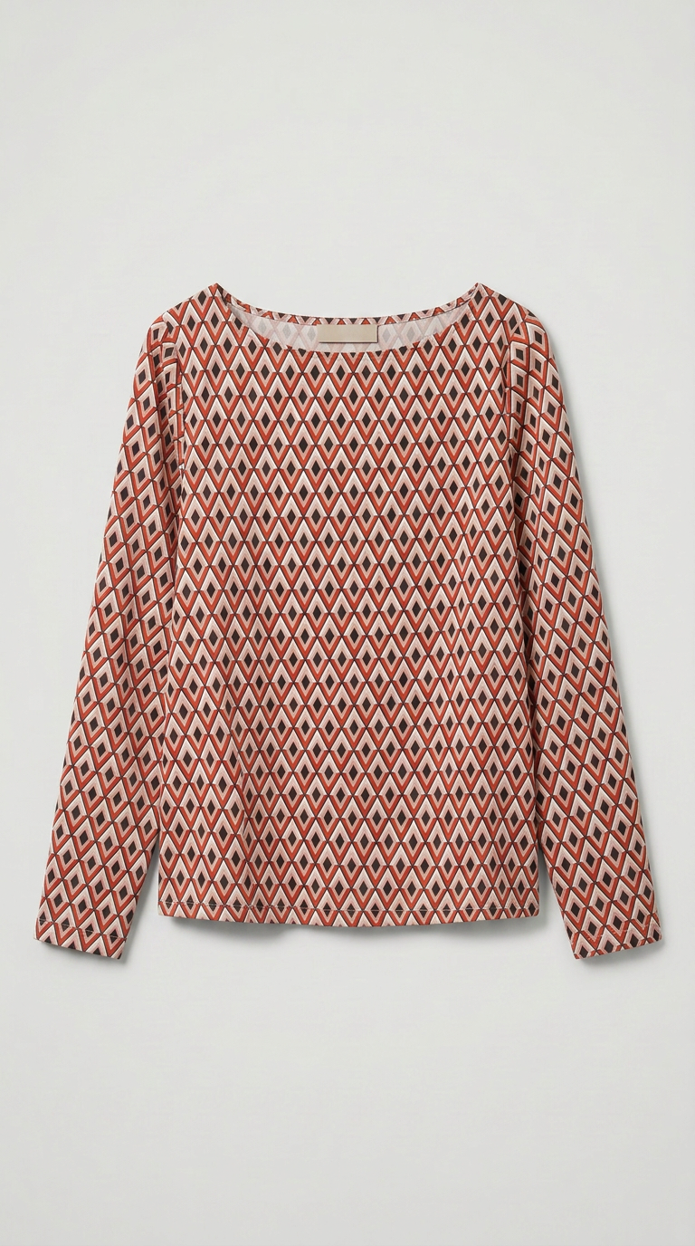 Boat Neck Geometric Print Top - Red