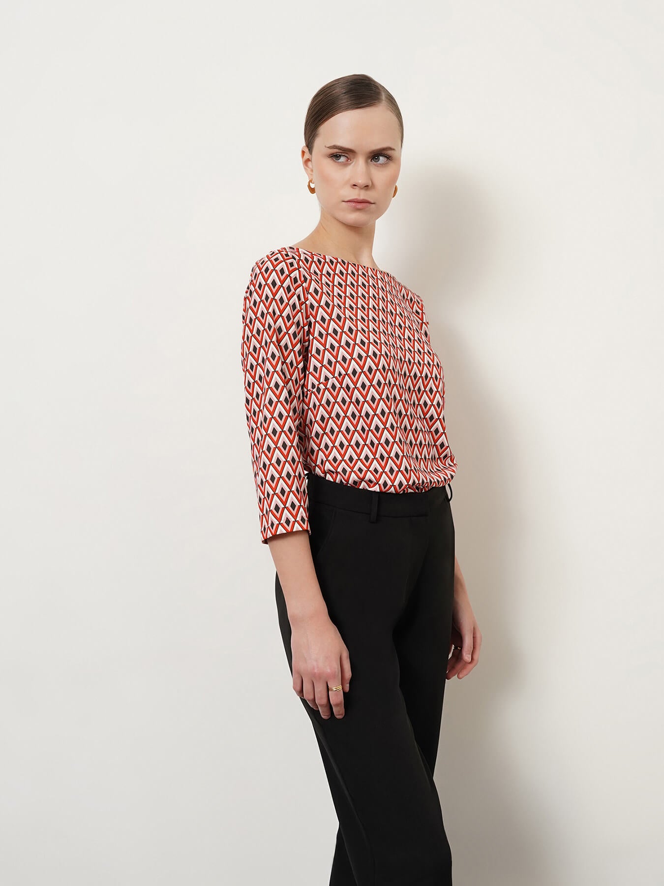 Boat Neck Geometric Print Top - Red