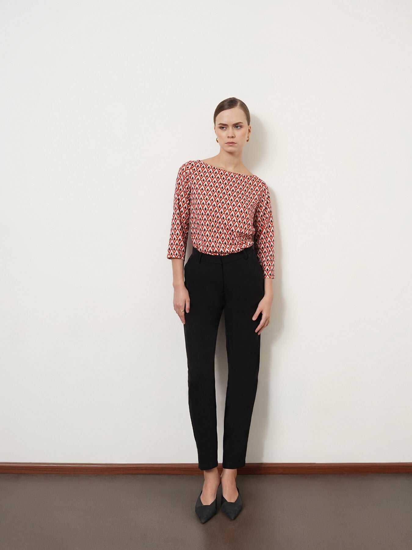 Boat Neck Geometric Print Top - Red