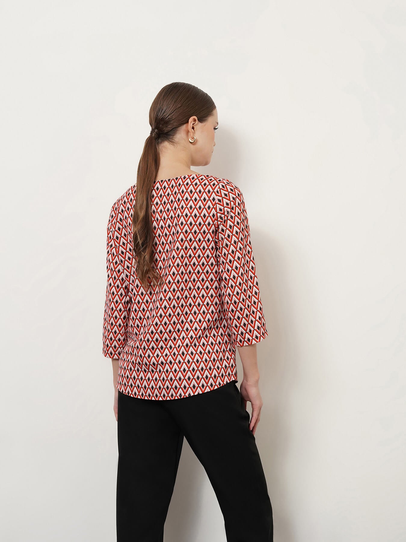 Boat Neck Geometric Print Top - Red