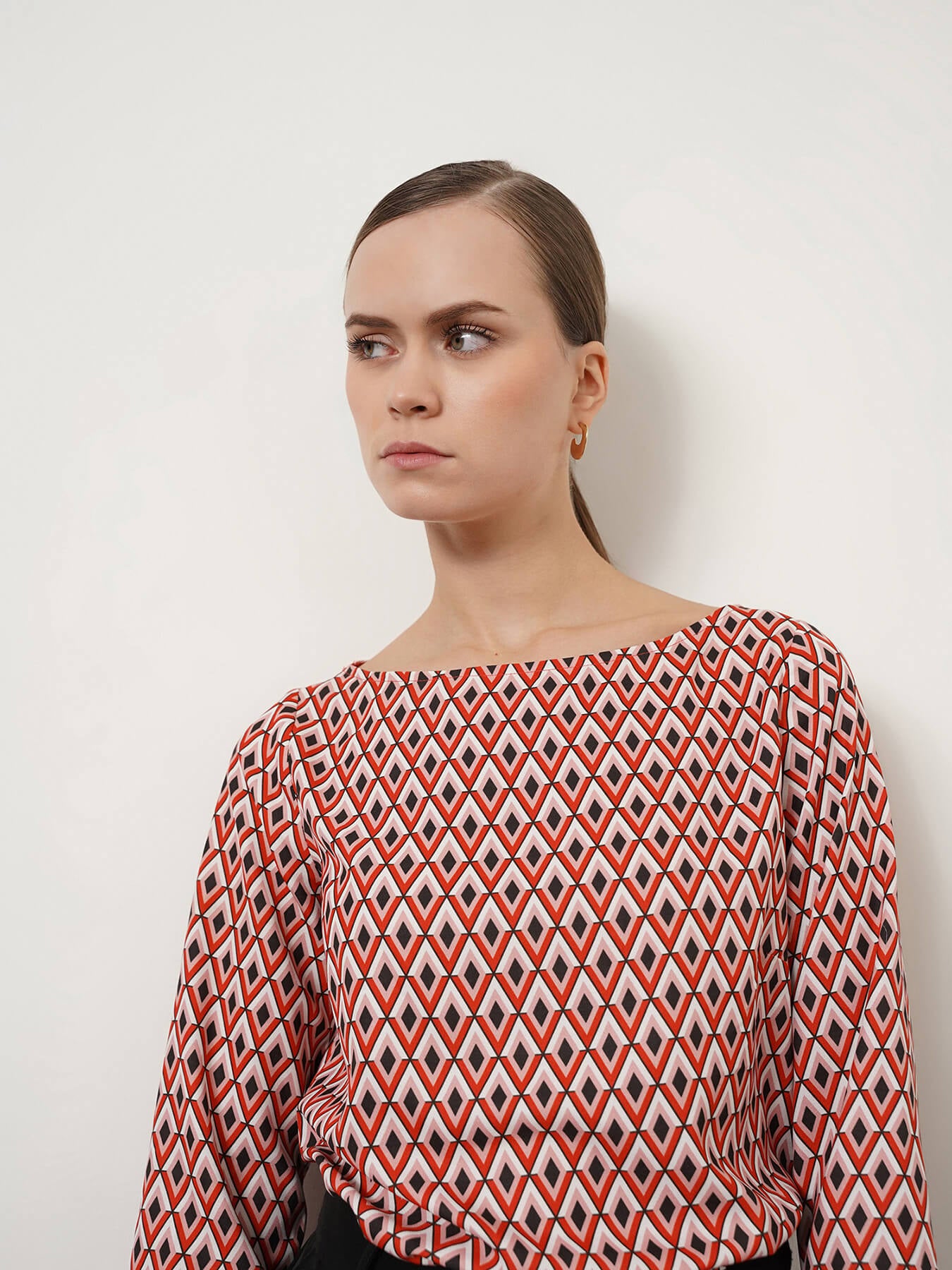 Boat Neck Geometric Print Top - Red