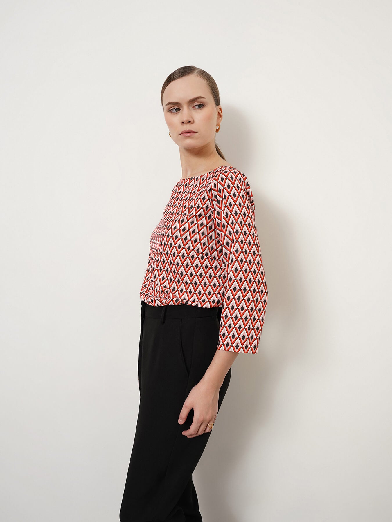 Boat Neck Geometric Print Top - Red