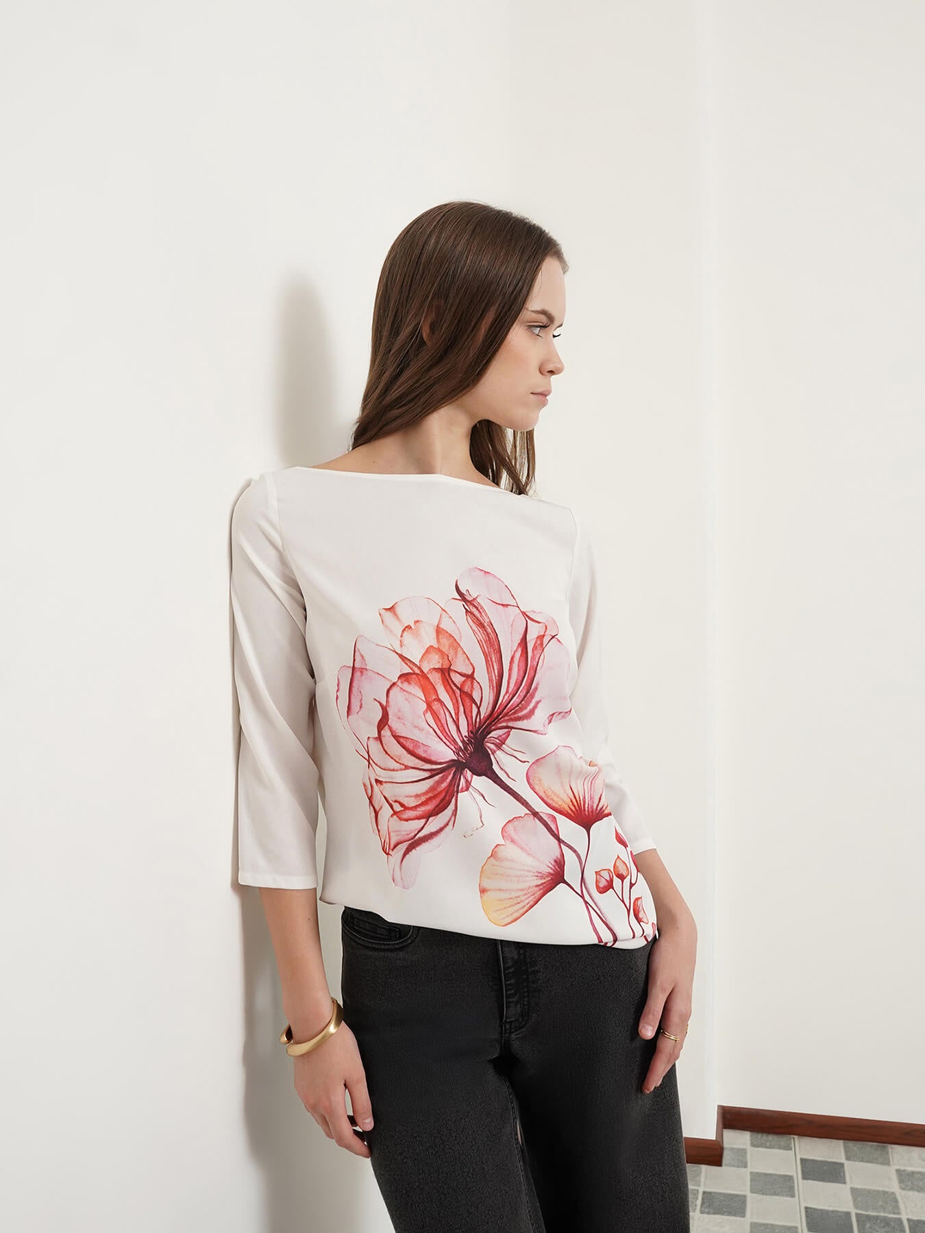Boat Neck Placement Print Top - White and Pink