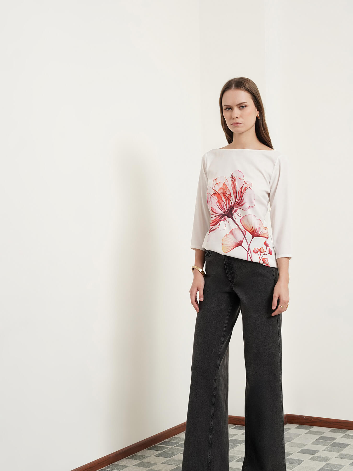 Boat Neck Placement Print Top - White and Pink