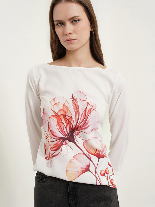 Boat Neck Placement Print Top - White and Pink