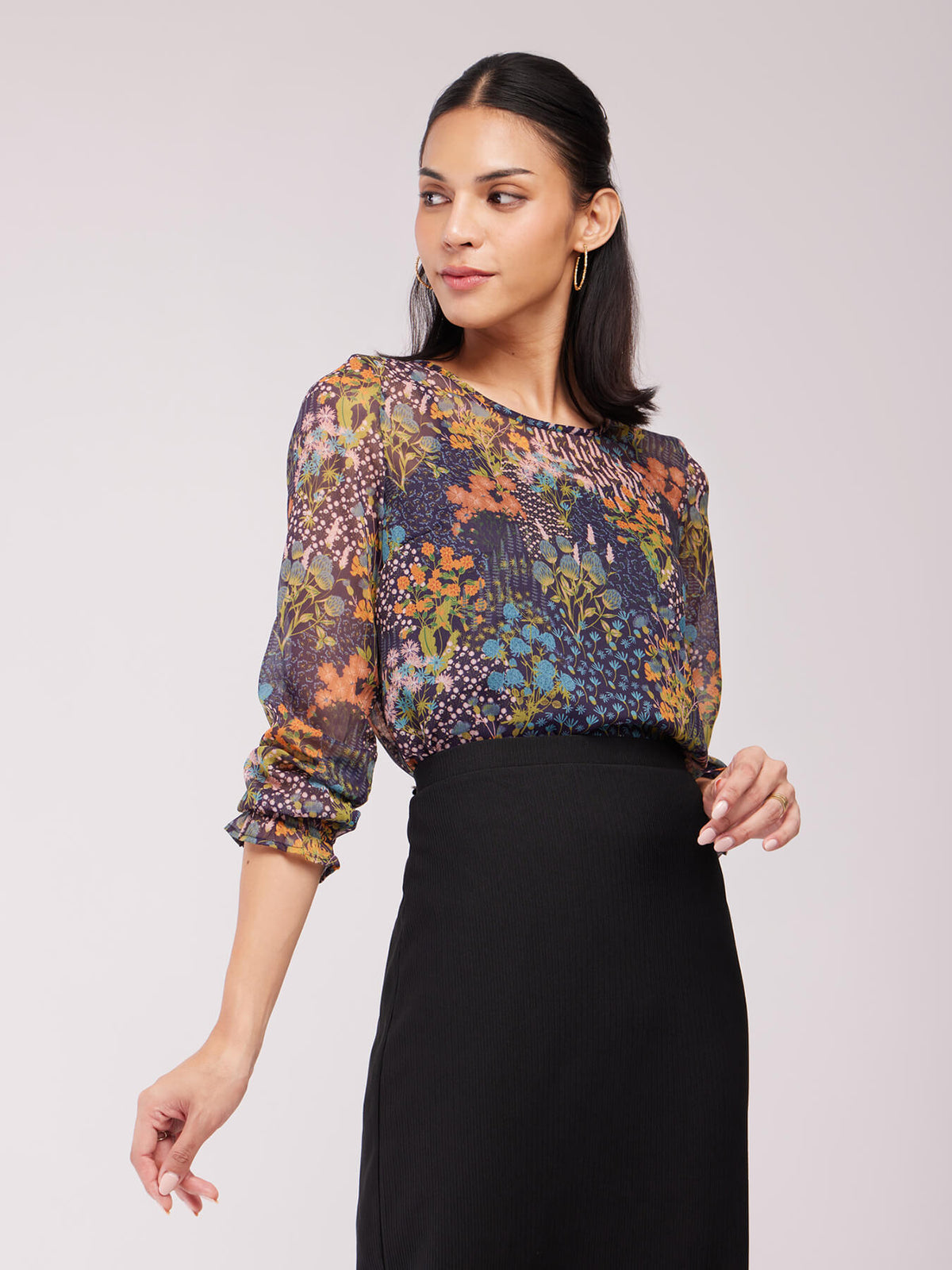 Chiffon Floral Print Top - Navy And Multicolour