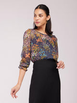 Chiffon Floral Print Top - Navy And Multicolour