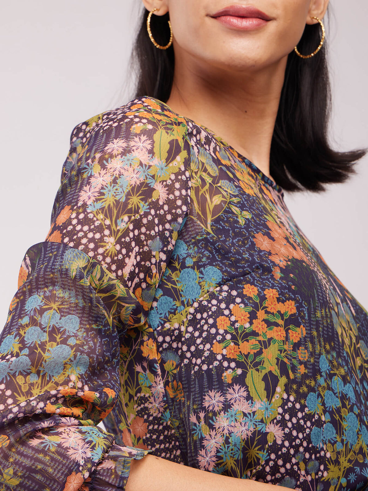 Chiffon Floral Print Top - Navy And Multicolour