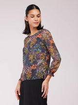 Chiffon Floral Print Top - Navy And Multicolour