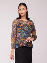 Chiffon Floral Print Top - Navy And Multicolour