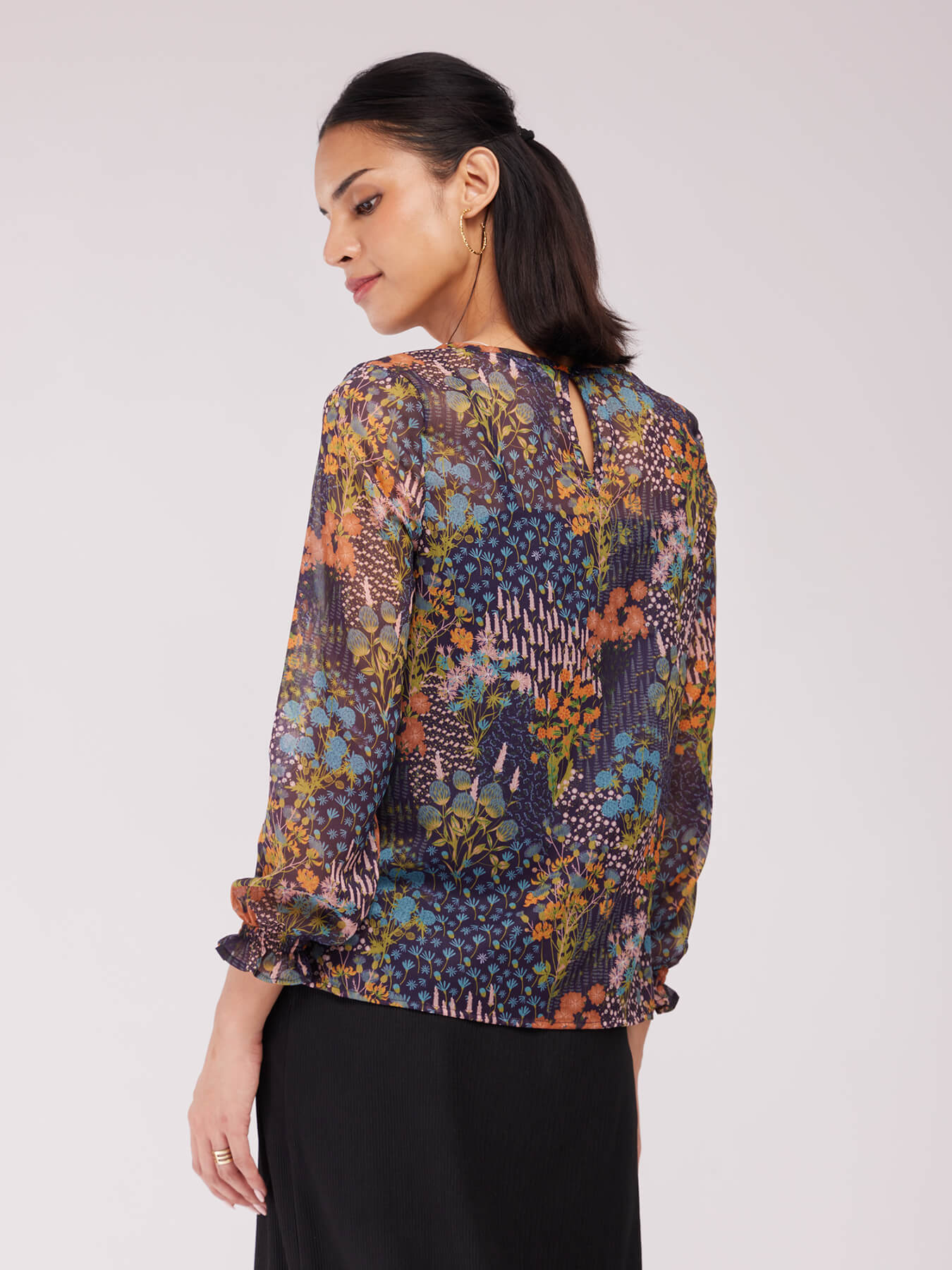 Chiffon Floral Print Top - Navy And Multicolour