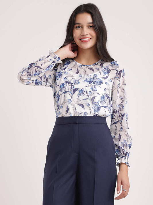 Round Neck Sheer Floral Top - White