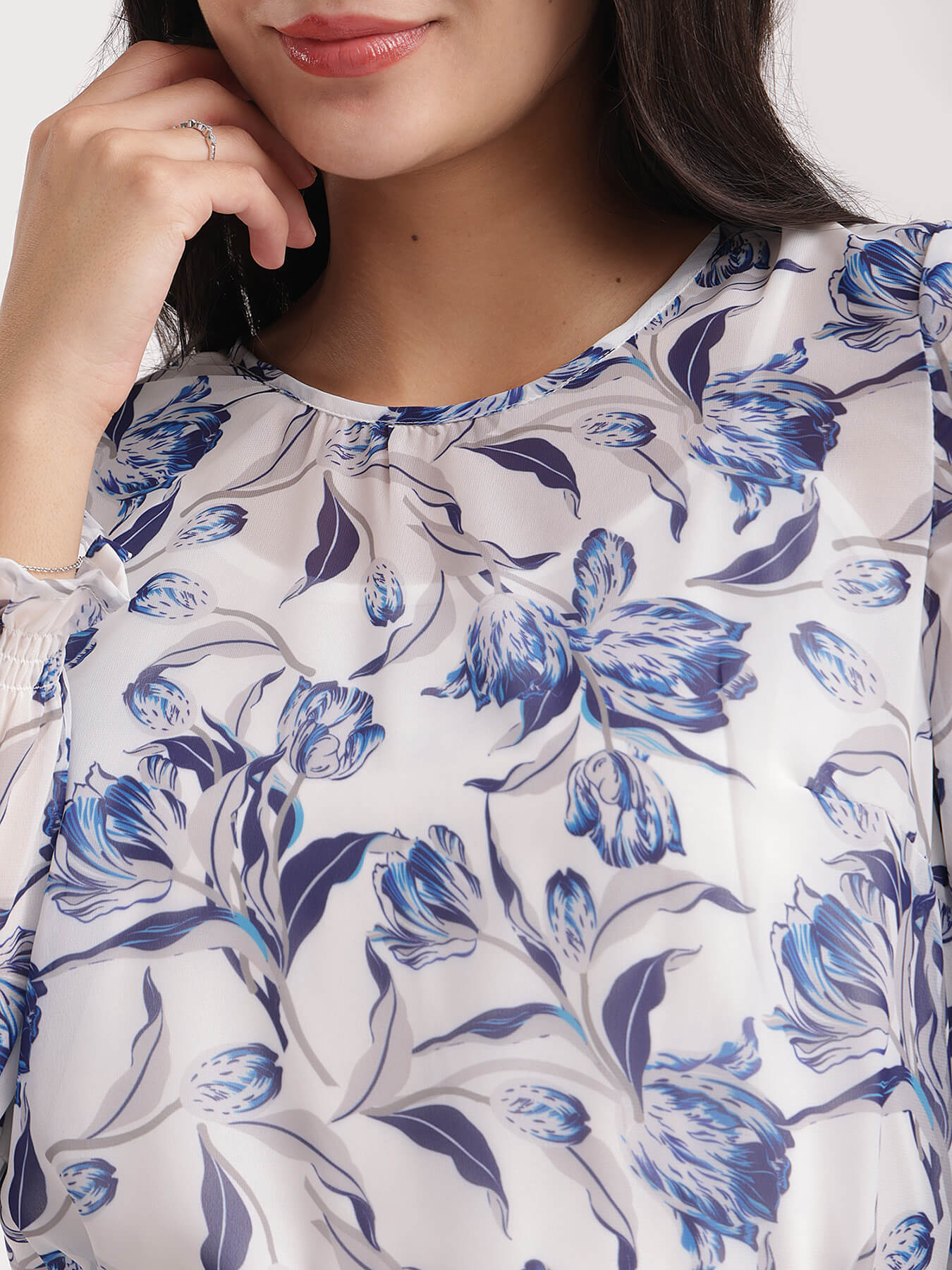 Round Neck Sheer Floral Top - White