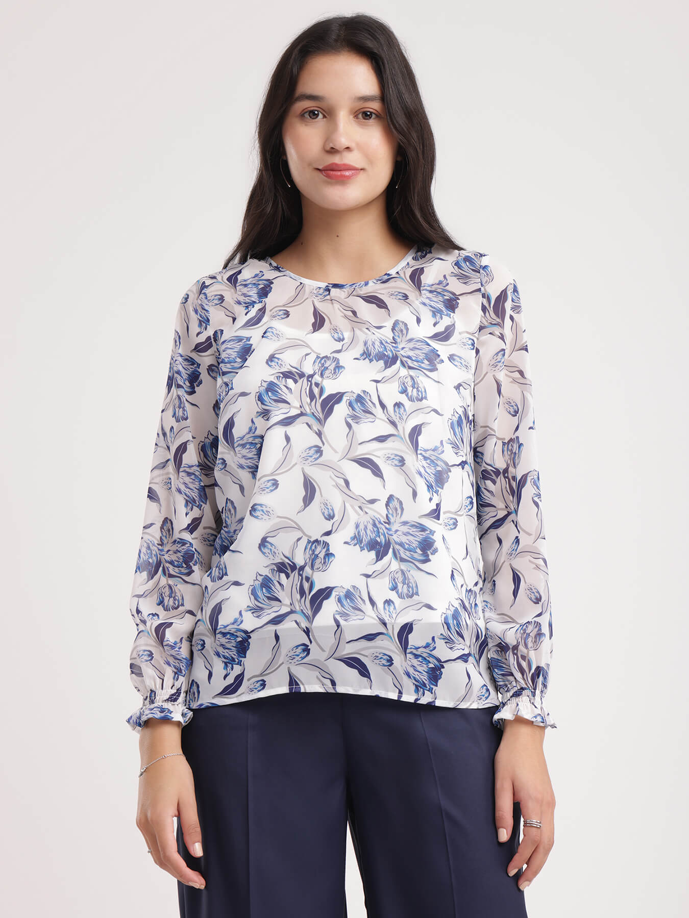 Round Neck Sheer Floral Top - White