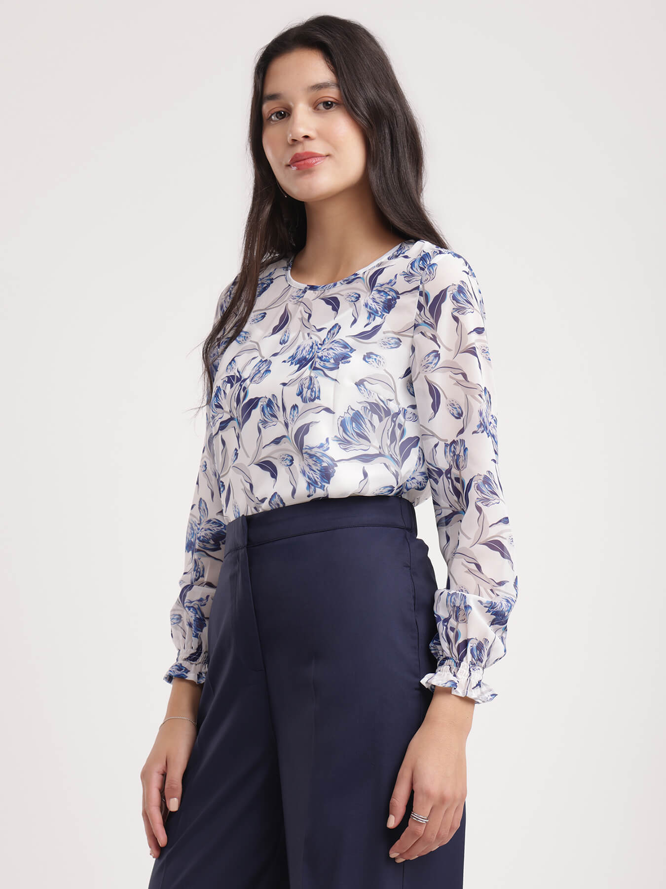 Round Neck Sheer Floral Top - White