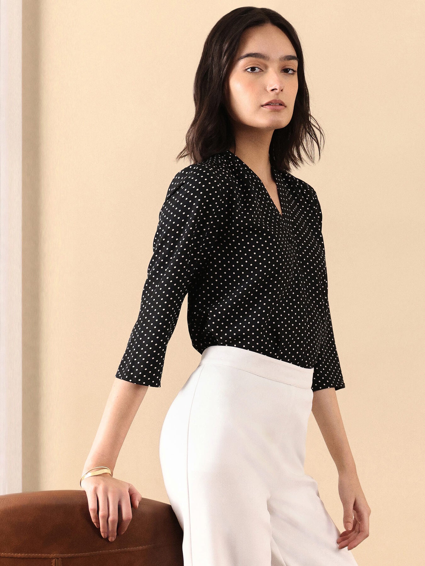 V Neck Polka Dot Top - Black and White