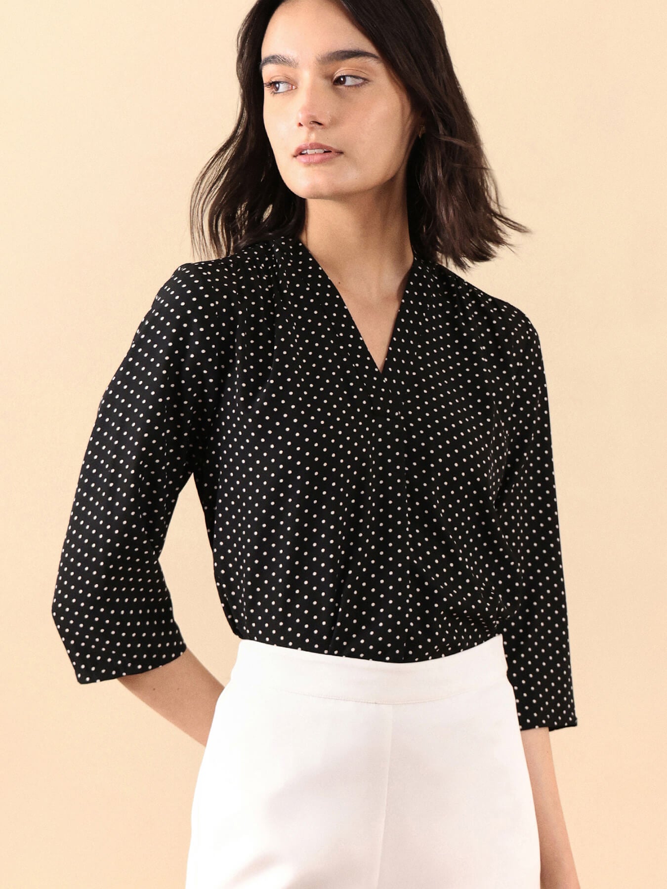 V Neck Polka Dot Top - Black and White