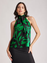 Floral Print Band Neck Top - Black And Green
