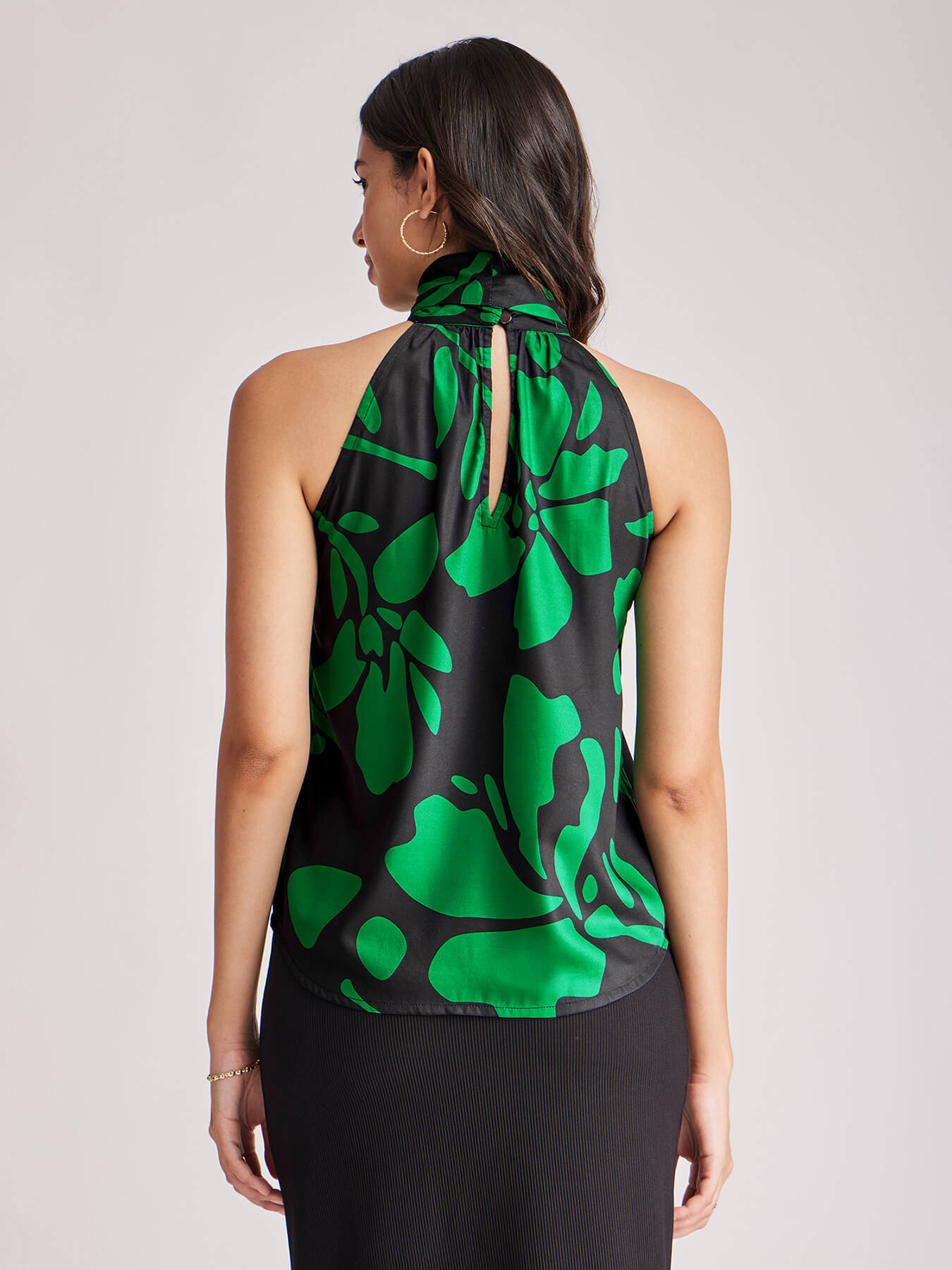 Floral Print Band Neck Top - Black And Green