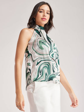 Satin Halter Neck Top - Green And White