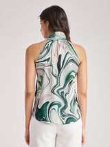 Satin Halter Neck Top - Green And White