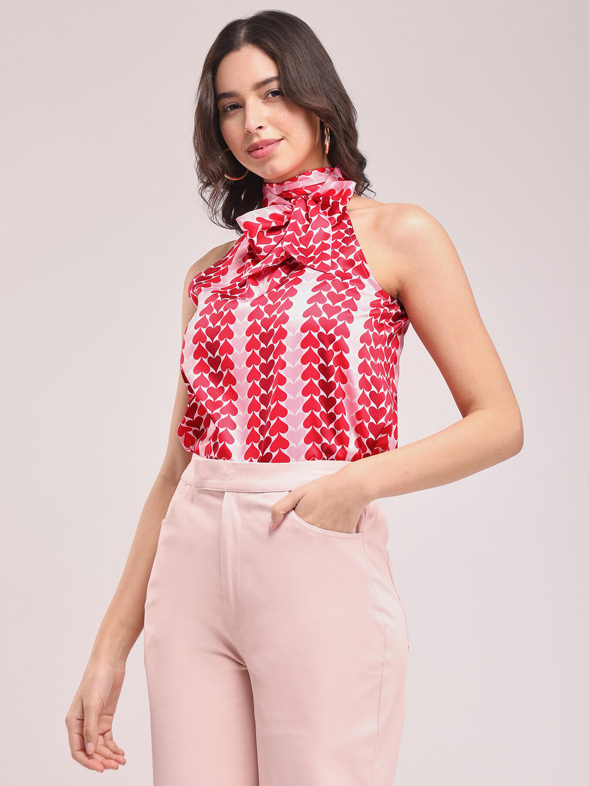 Satin Halter Neck Top - Pink And Red