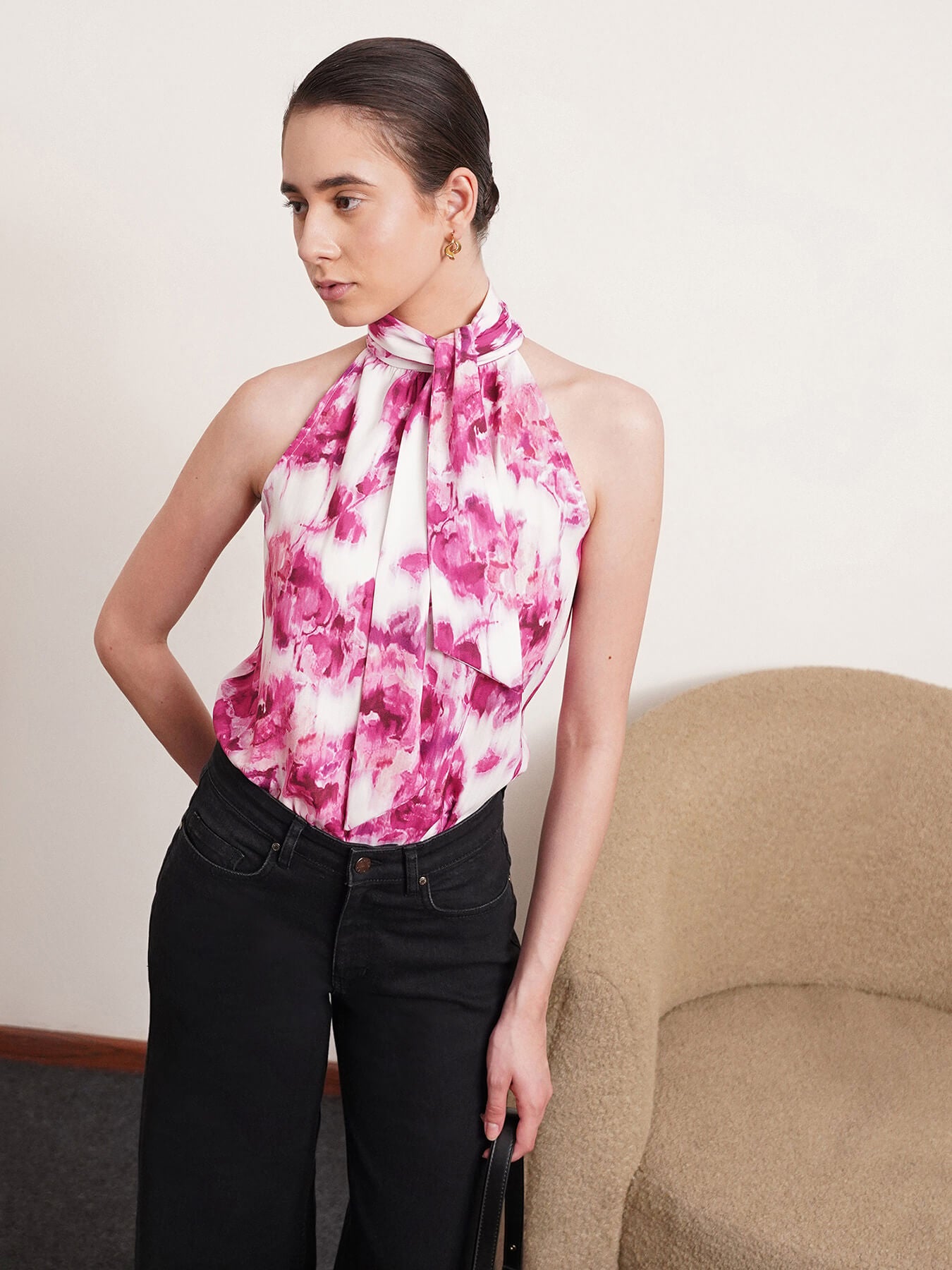 Floral Halter Neck Top - Pink And White