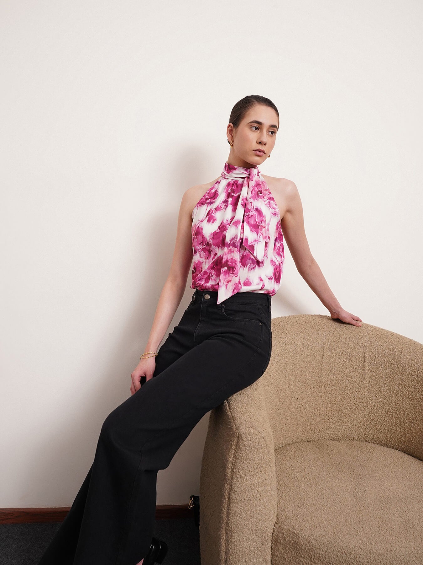 Floral Halter Neck Top - Pink And White