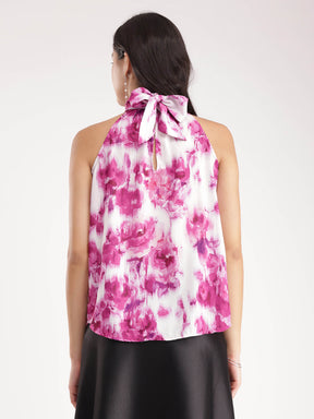 Floral Halter Neck Top - Pink And White