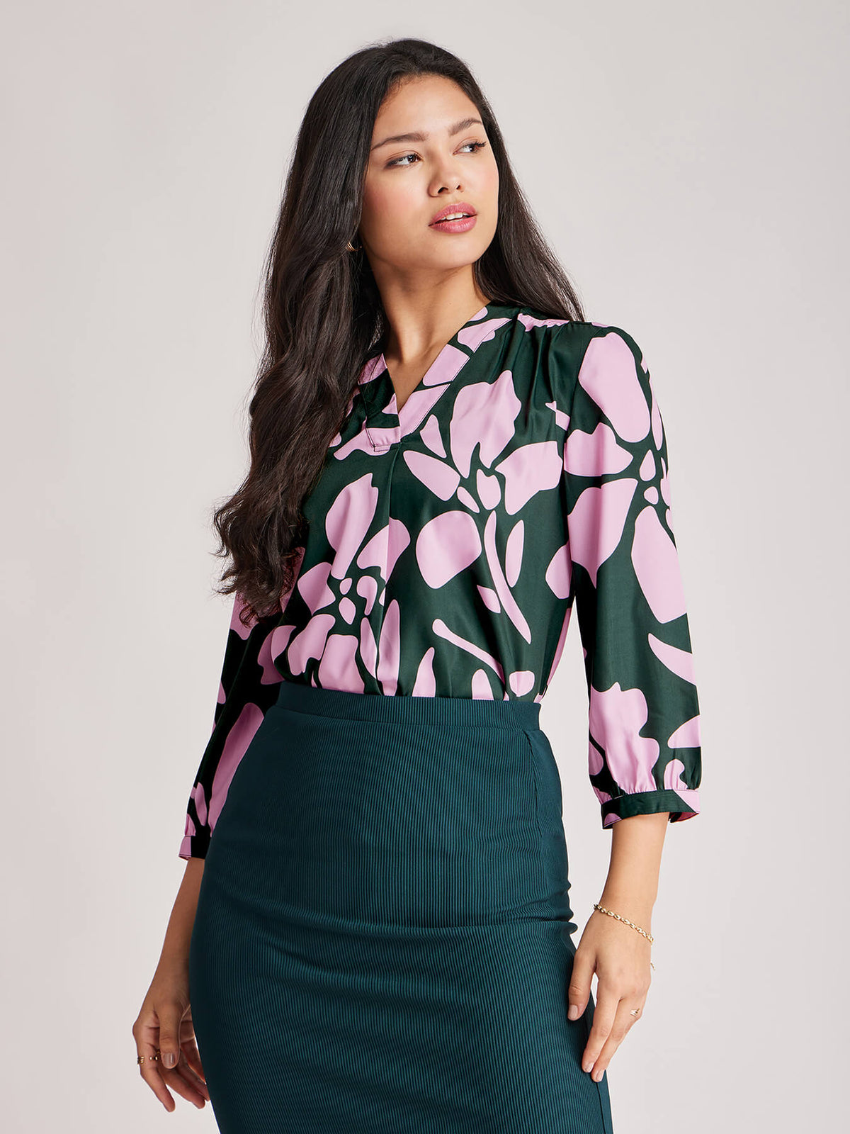 Floral Pleat Detail Top - Green And Pink