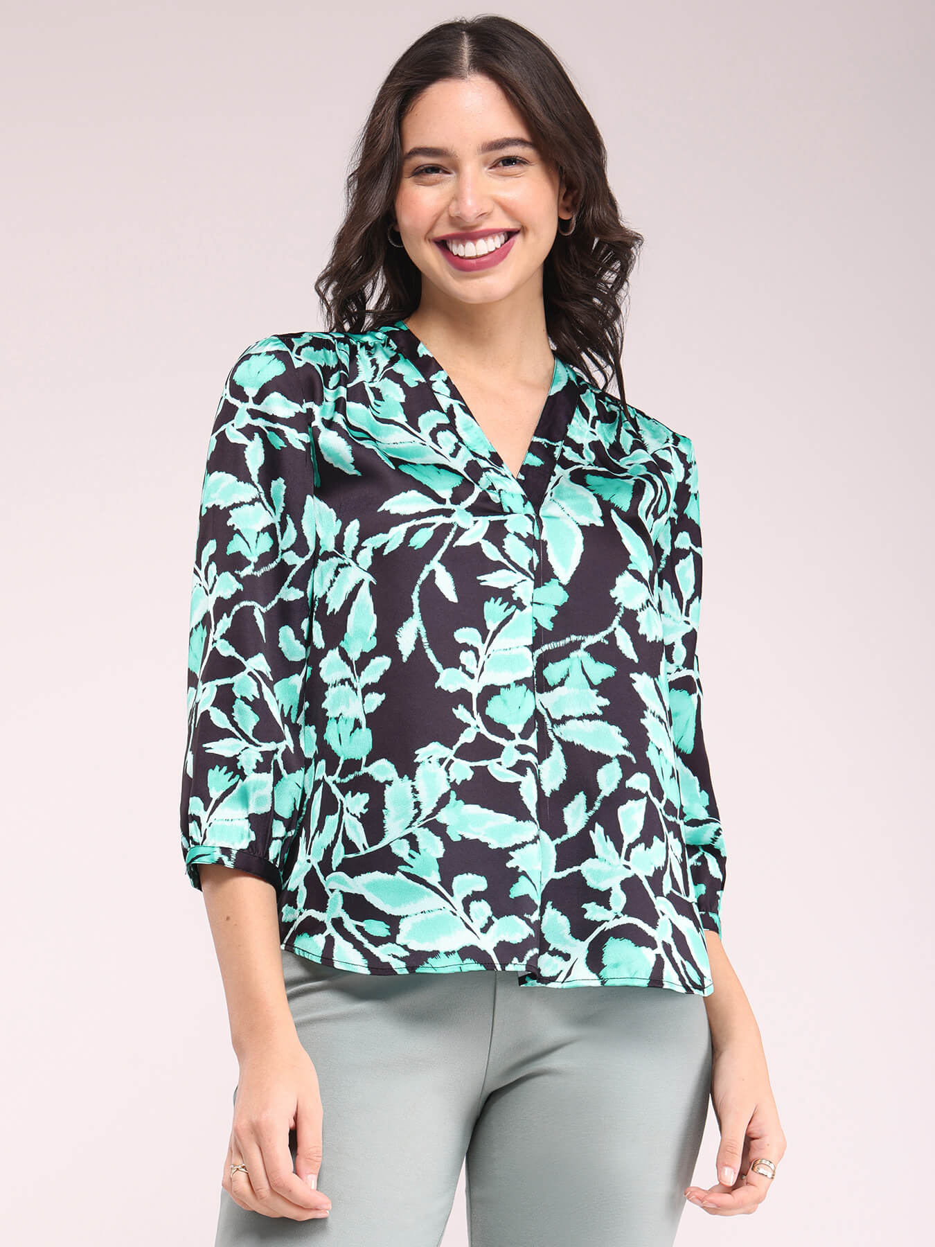 V-Neck Floral Print Top - Black And Green