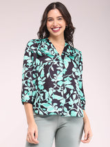 V-Neck Floral Print Top - Black And Green