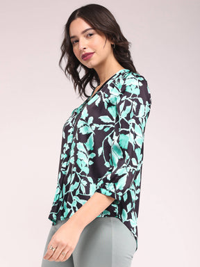 V-Neck Floral Print Top - Black And Green