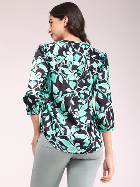 V-Neck Floral Print Top - Black And Green