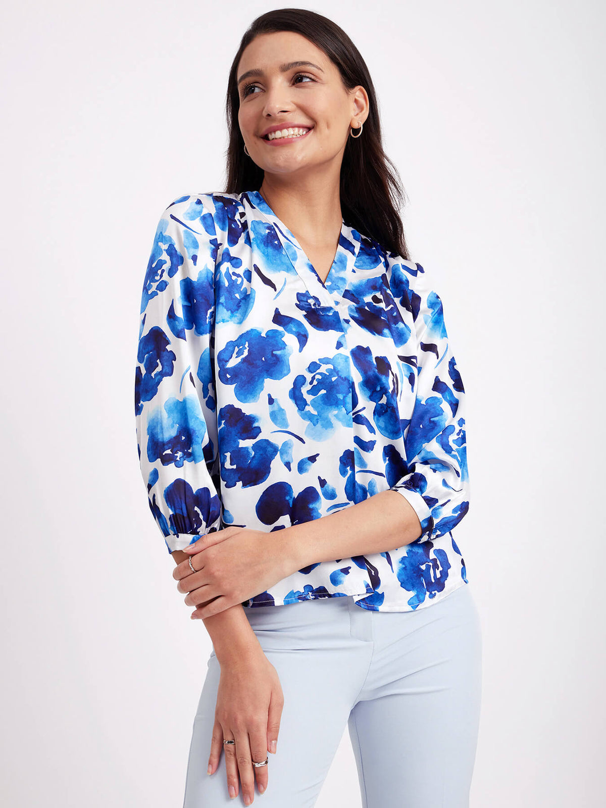 Satin Front Pleat Top - White And Blue