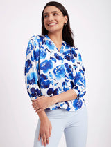 Satin Front Pleat Top - White And Blue