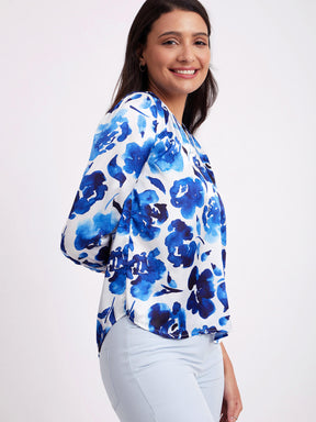 Satin Front Pleat Top - White And Blue