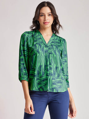 Geometric Print V Neck Top - Green And Blue