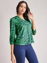 Geometric Print V Neck Top - Green And Blue