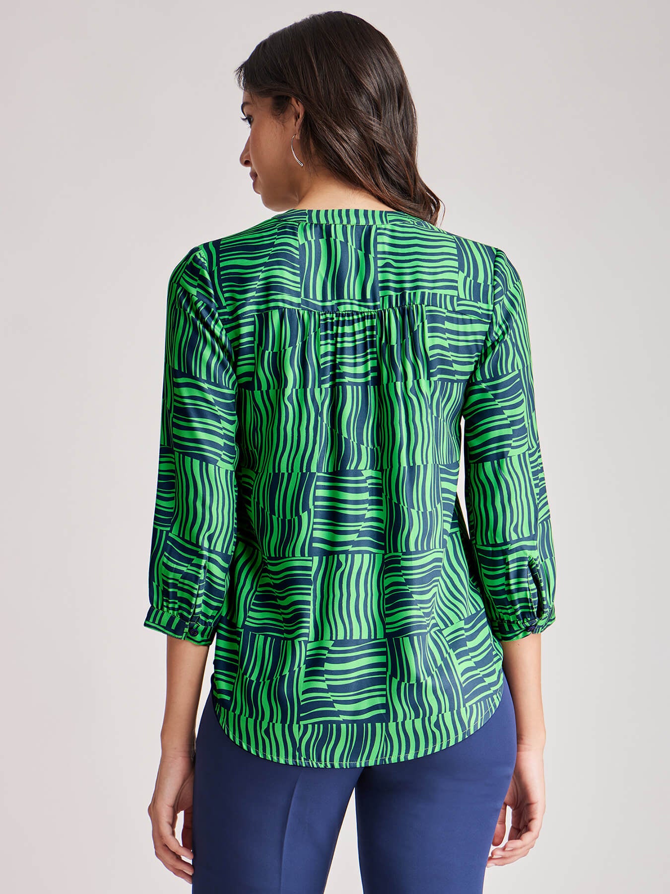 Geometric Print V Neck Top - Green And Blue